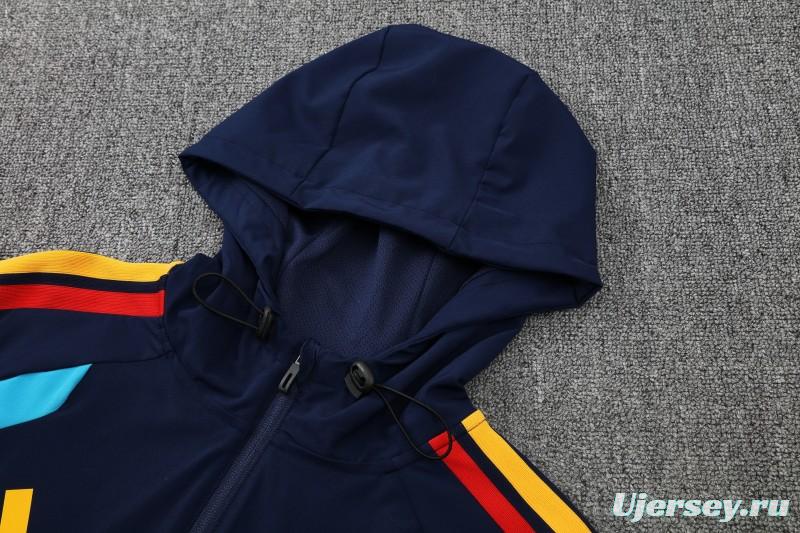 26/27  Spain Navy Blue & Light Blue Full Zipper Hooded Jacket Tracksuit + Long Pants