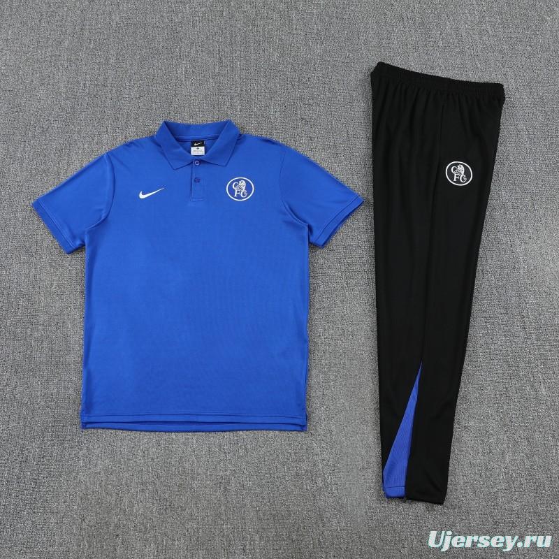 26/27  Chelsea Blue Polo Training Shirt + Black  Long Pants Tracksuit