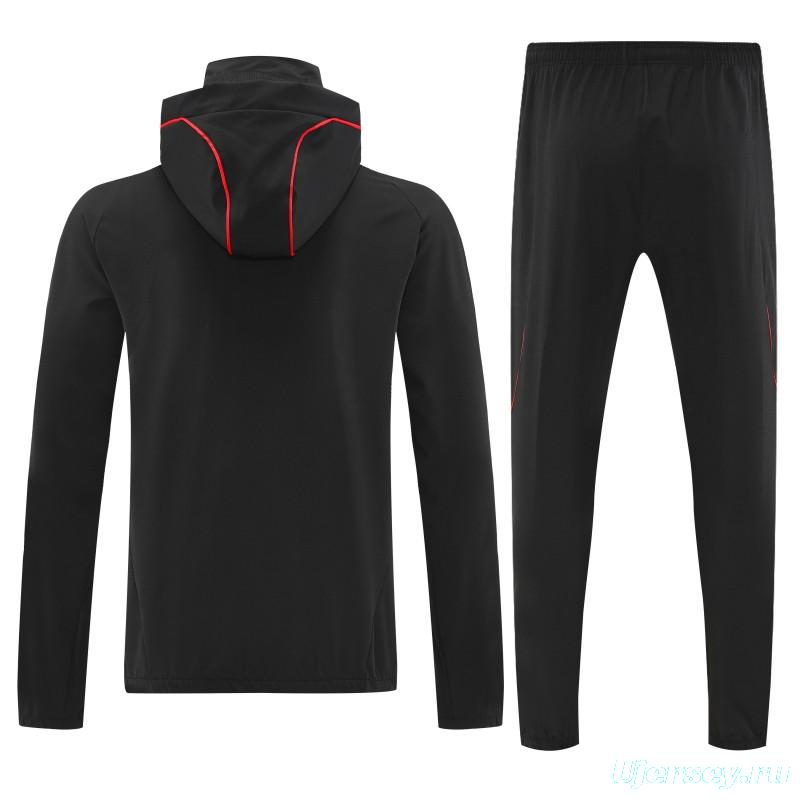 26/27 Adidas Black With Red stripes Full Zipper Hooded Jacket Tracksuit + Long Pants
