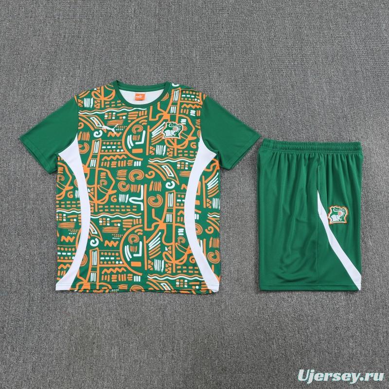 25/26 Côte d'Ivoire Green Tribal Print Short Sleeve Training Suit + Shorts