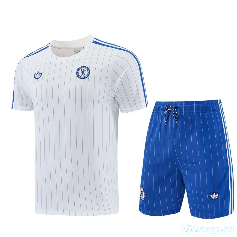 26/27 Chelsea FC White Stripes Short Sleeve+Blue Soccer Shorts