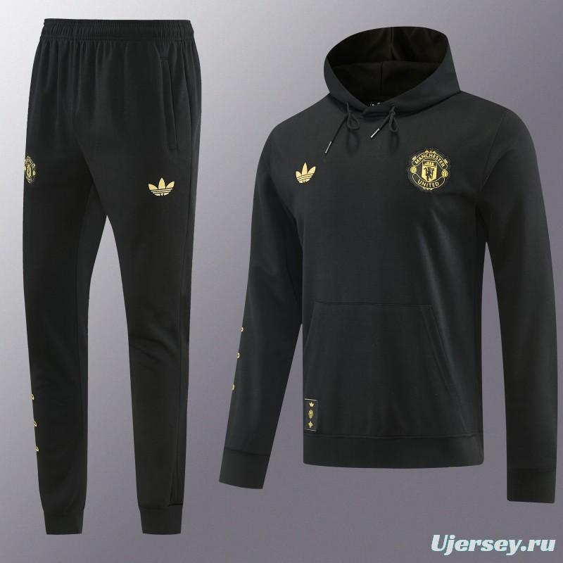 26/27 Manchester United Black Pullover Hooded Tracksuit + Long Pants
