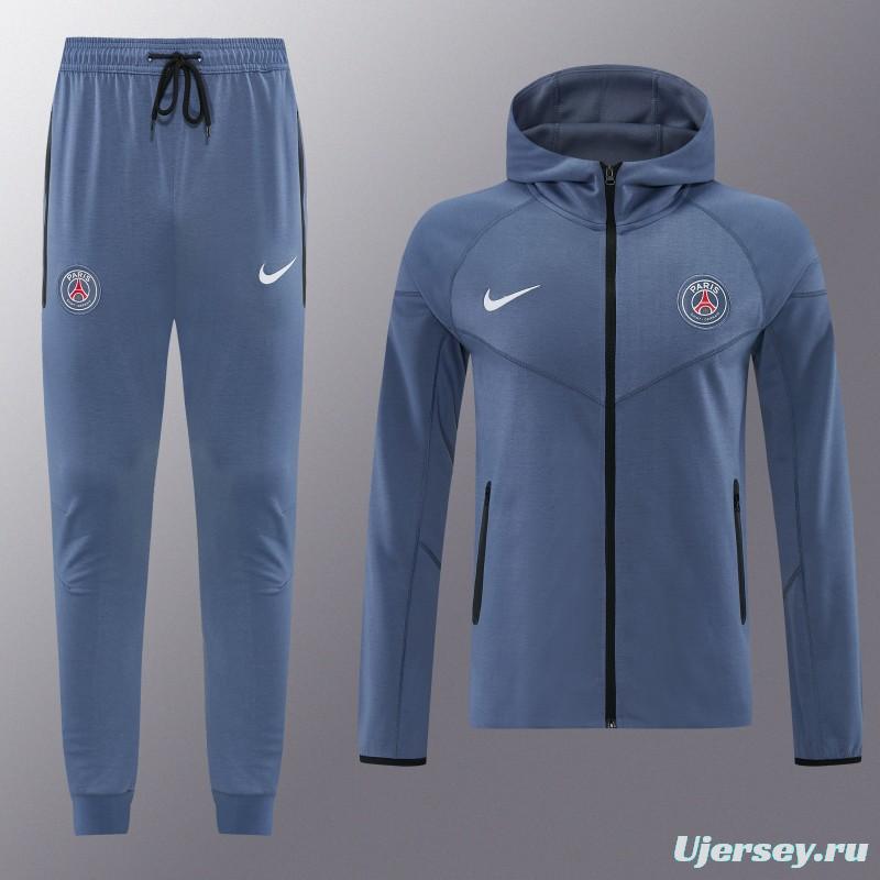 26/27  Paris Saint-Germain Steel Blue Full Zipper Hooded Jacket Tracksuit + Long Pants
