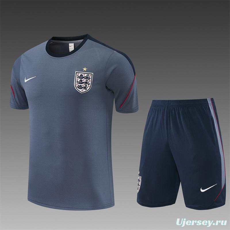 2026 England Grey Short Sleeve+ Navy Blue Soccer Shorts