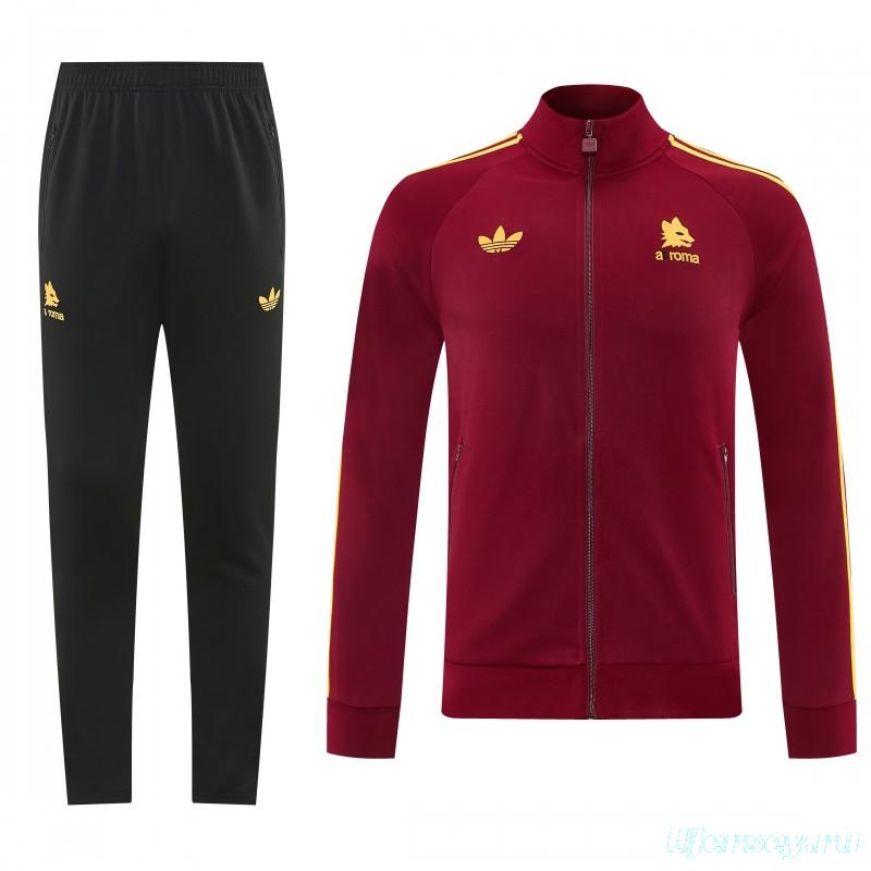 2026/27 AS Roma Burgundy & Gold Full Zipper Jacket Tracksuit +Black  Long Pants