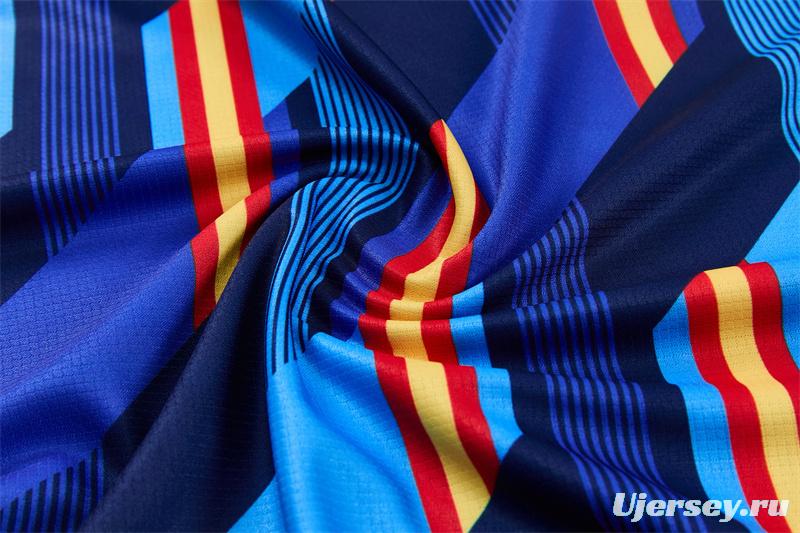 2026 Spain Navy Blue Multi-Color Diagonal Stripe Short Sleeve+Soccer Shorts