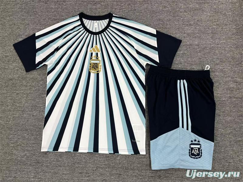 2026 Kids  Argentina White & Light Blue Radial Stripe Short Sleeve+Soccer Shorts