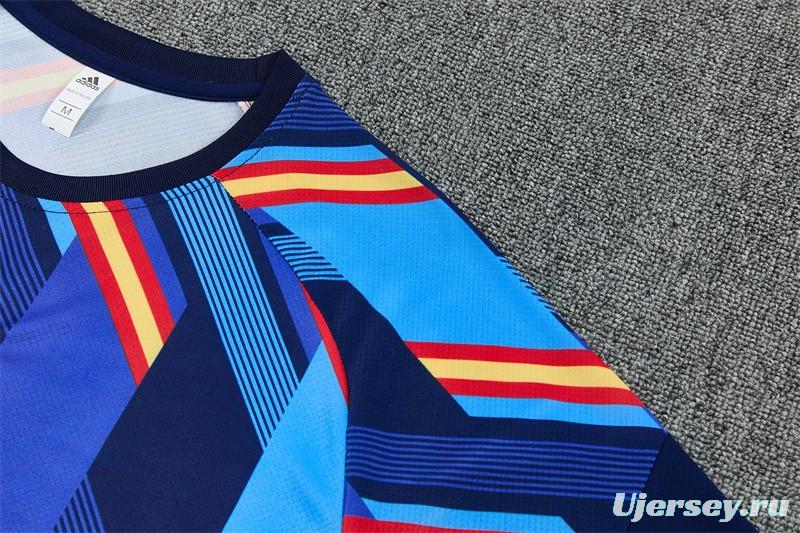 2026 Spain Navy Blue Multi-Color Diagonal Stripe Short Sleeve+Soccer Shorts