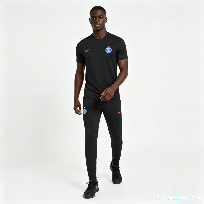 26/27 Paris Saint-Germain Black  Short Sleeve Tracksuit + Long Pants