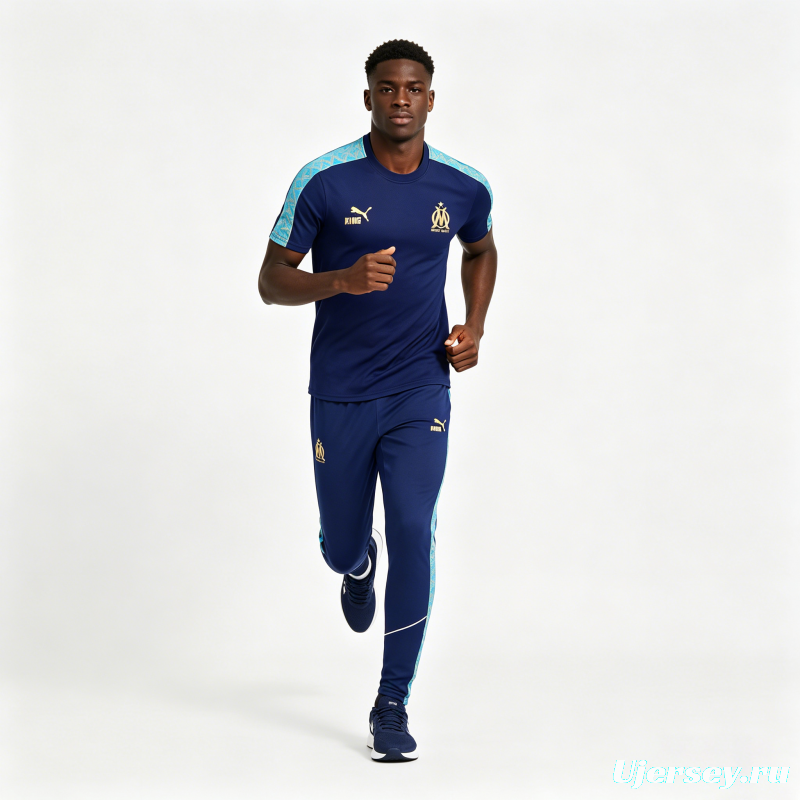 26/27 Olympique de Marseille Navy Blue Short Sleeve Tracksuit + Long Pants