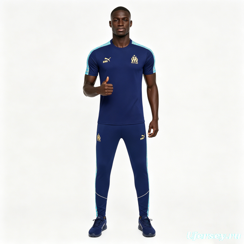 26/27 Olympique de Marseille Navy Blue Short Sleeve Tracksuit + Long Pants