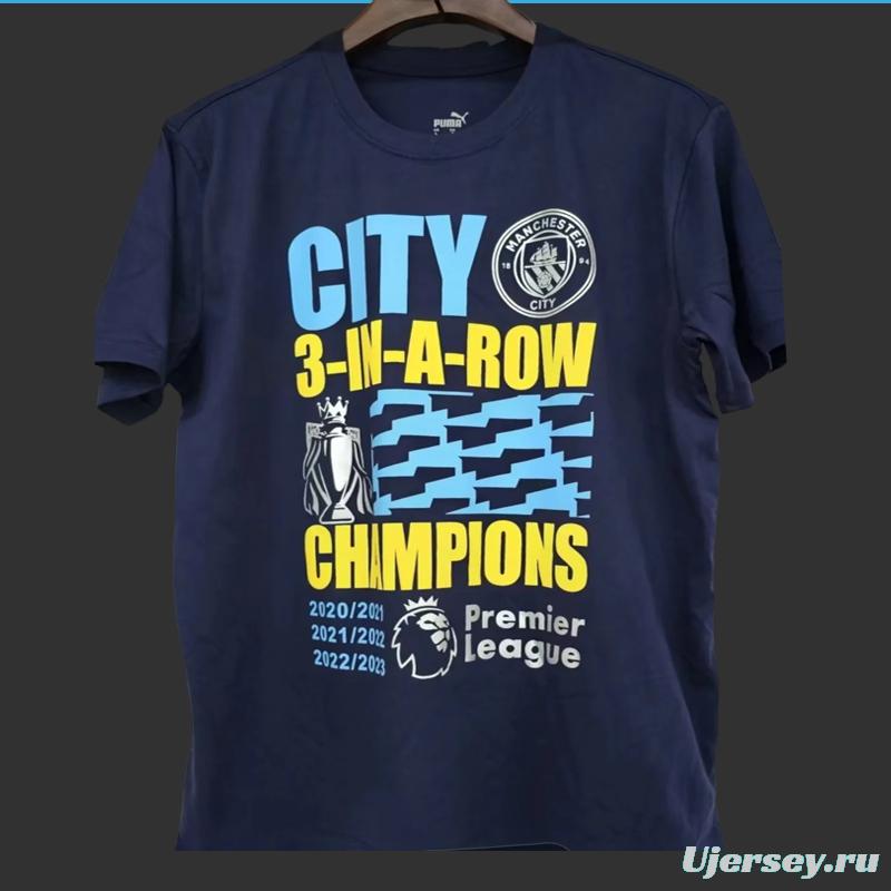 23/24 Manchester City Navy 3 In A Row Champions T-Shirt