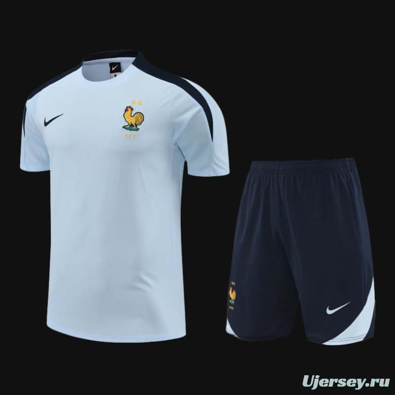 2024 France Light Blue Cotton Short Sleeve Jersey+Shorts