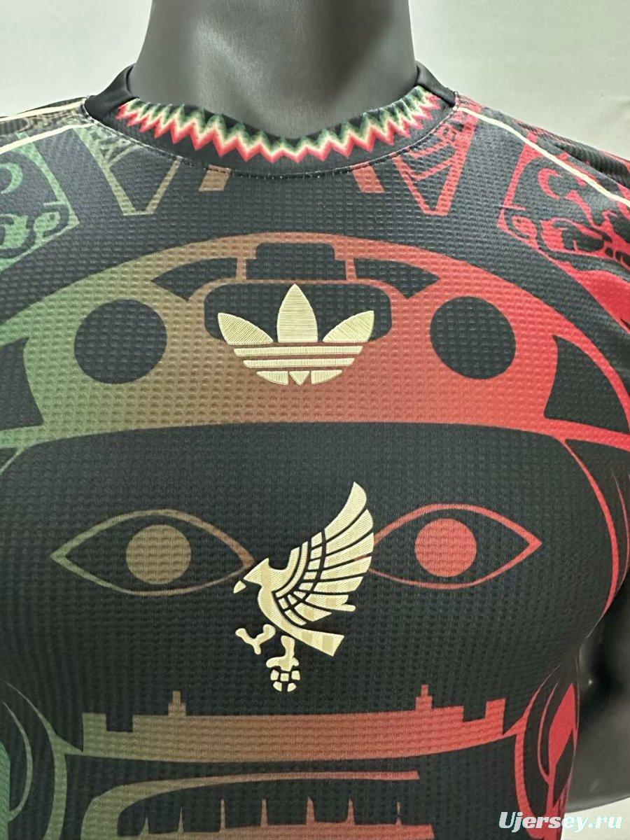Player Version 2025 Mexico Black with Red-Green Aztec Pattern Jersey