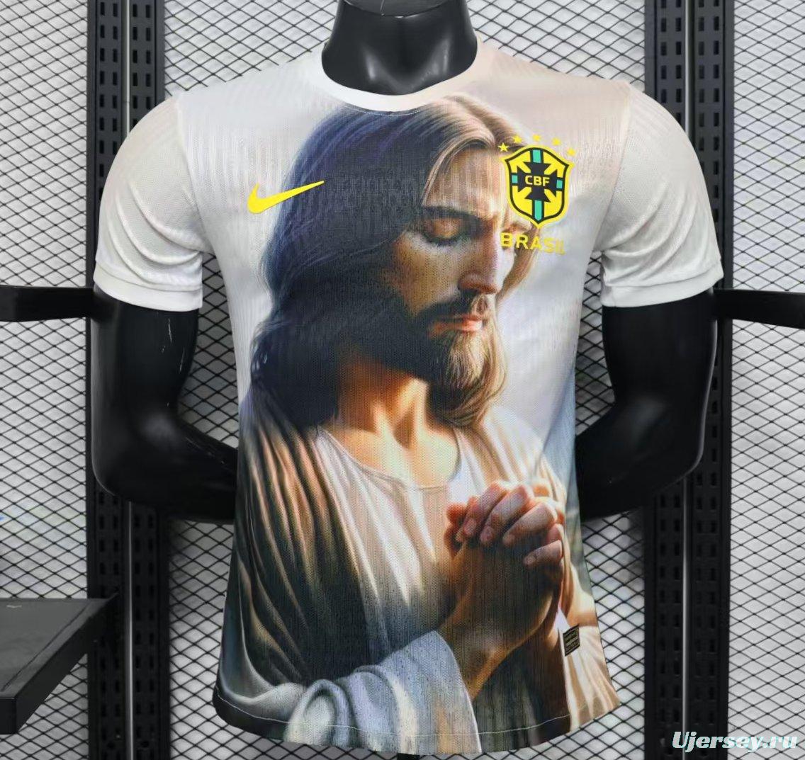 Player Version 2025 Brazil White with Jesus Praying Portrait Jersey