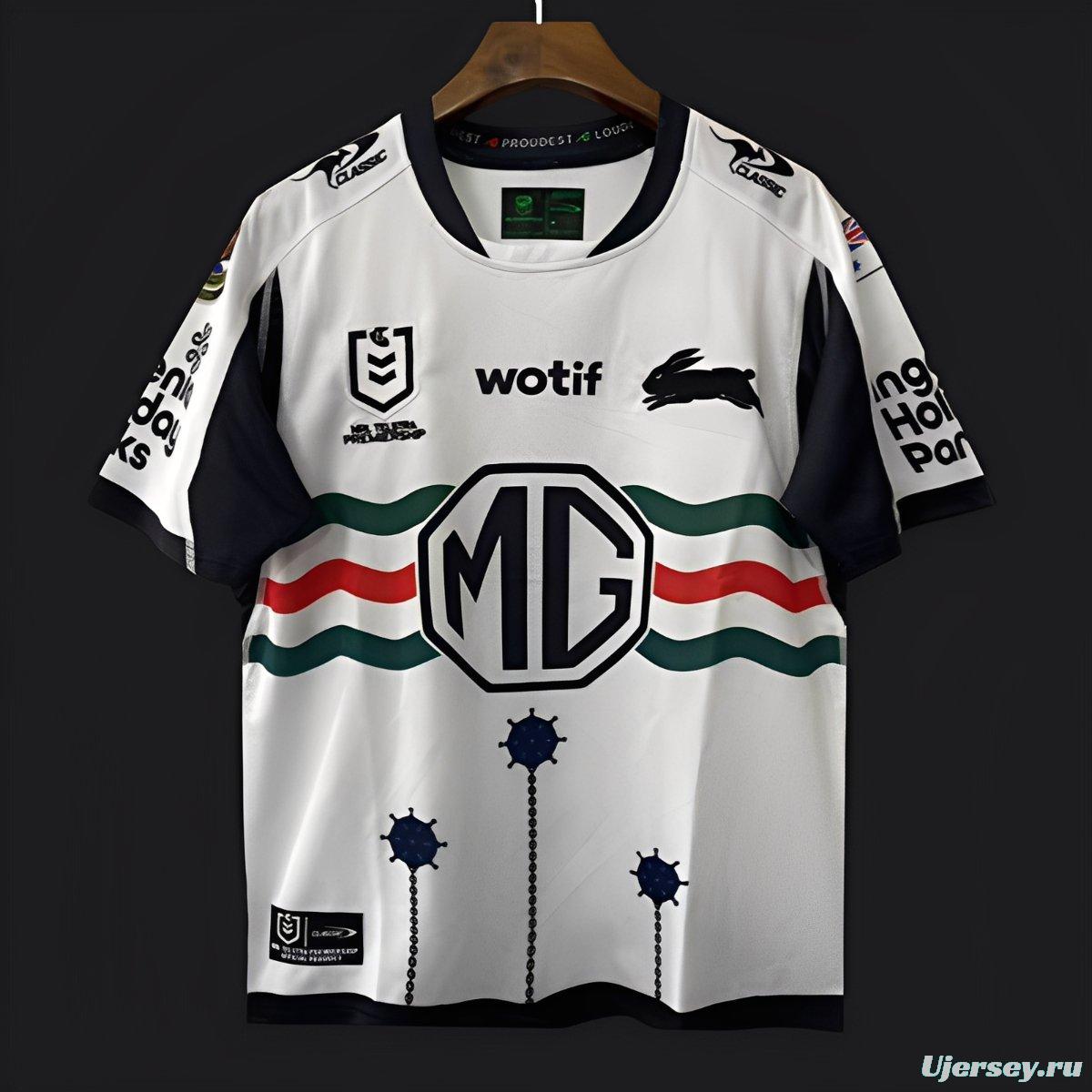 25/26 South Sydney Rabbitohs White with Green Red Stripes and Navy Mace Jersey
