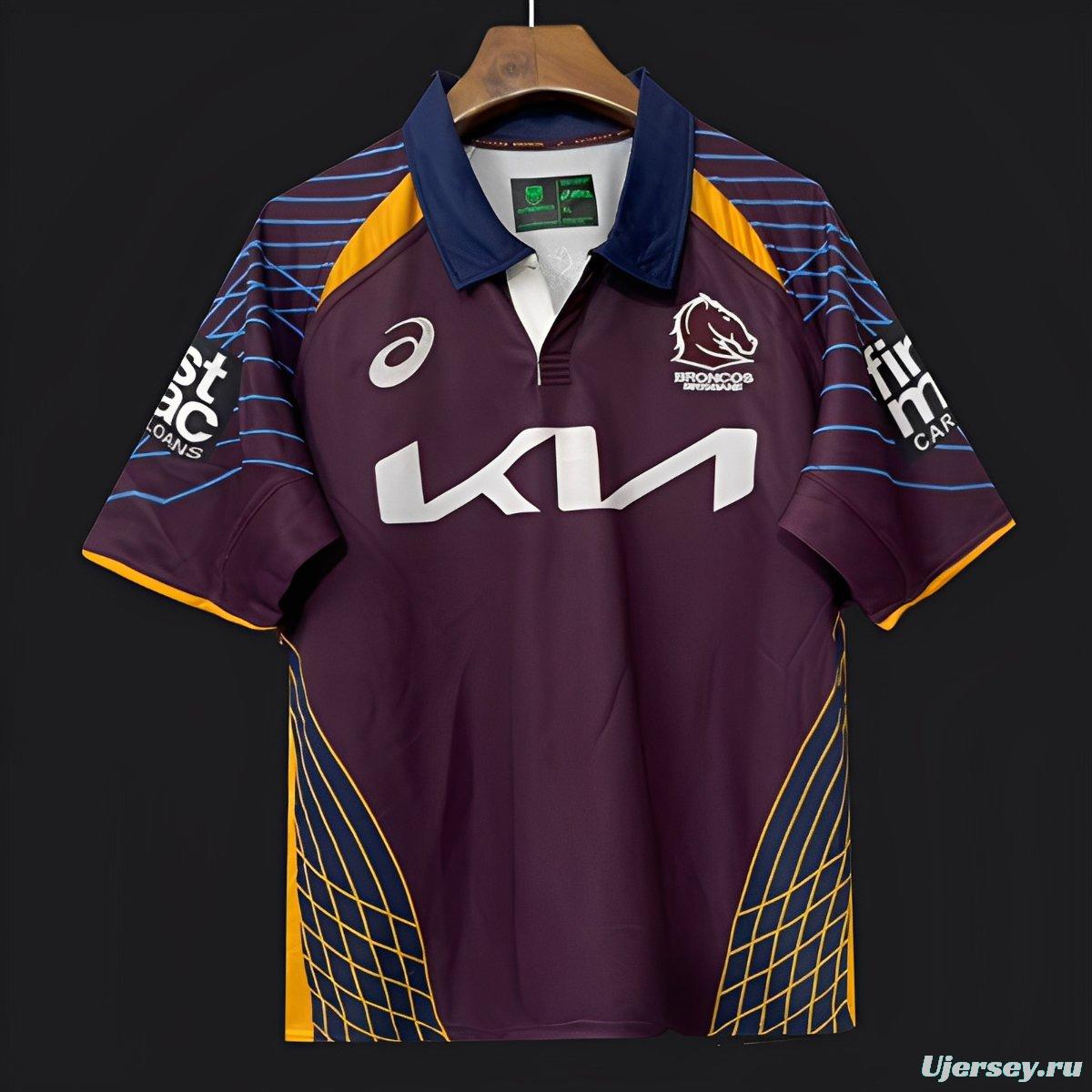 25/26 Brisbane Broncos Maroon with Blue Striped Sleeves and Gold Geometric Jersey