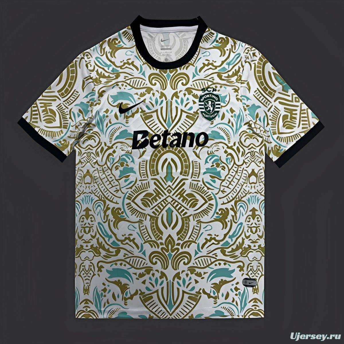 25/26 Sporting CP White with Ornate Gold and Turquoise Pattern Jersey
