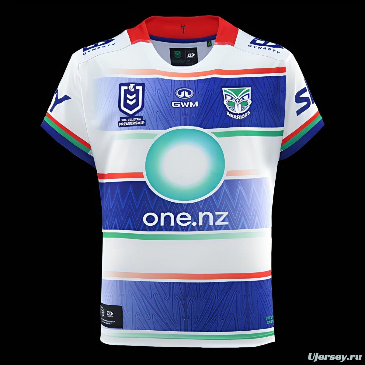 25/26 New Zealand Warriors White with Blue Panels and Circular Gradient Heritage Jersey