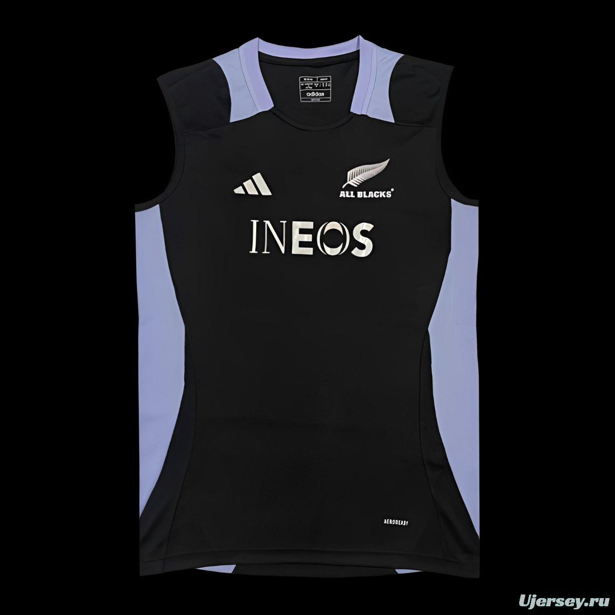 2024 New Zealand All Blacks Black with Light Blue Side Panels Sleeveless Jersey