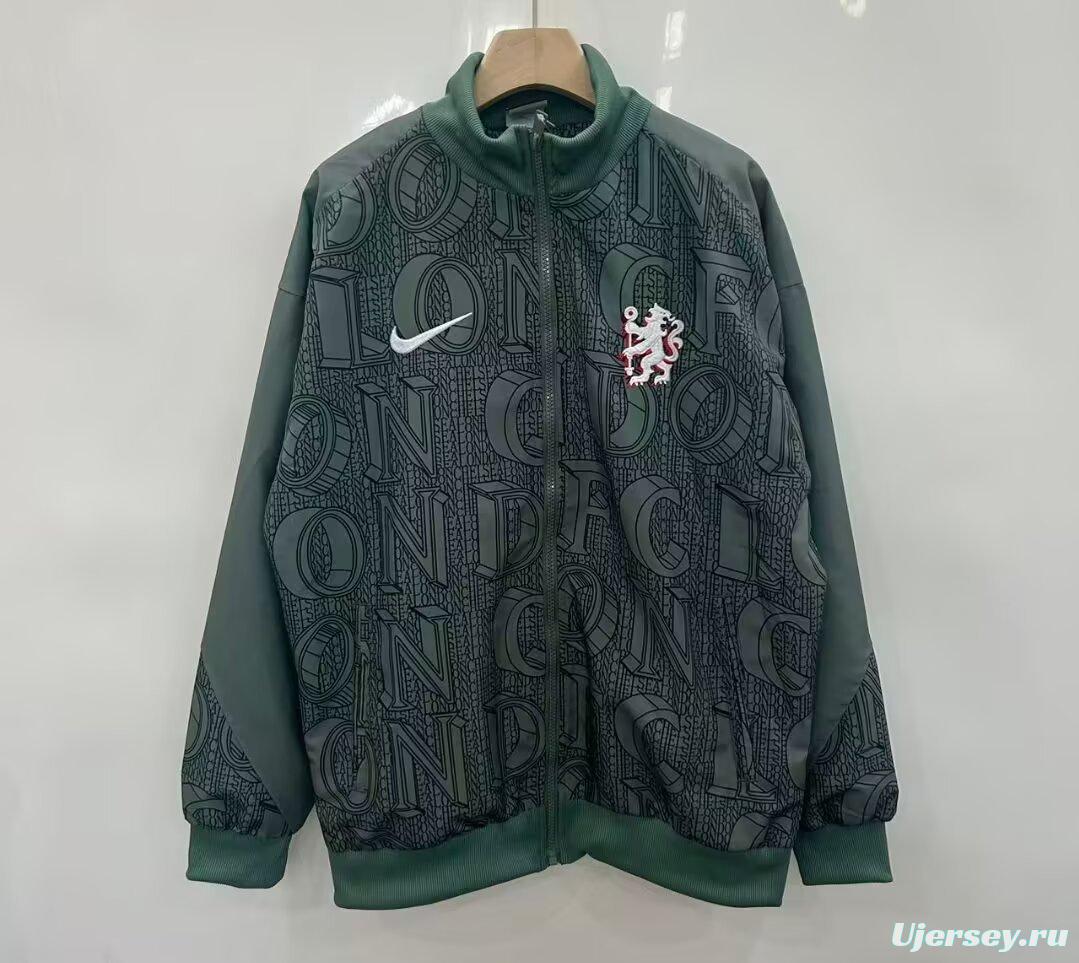 25/26 Chelsea FC Green with All-Over London Text Pattern Full Zipper Windbreaker