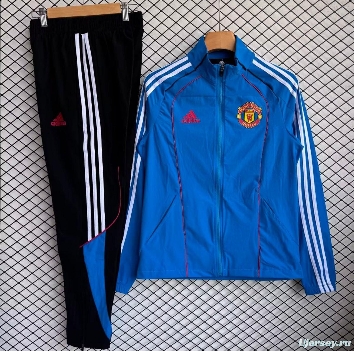 25/26 Manchester United Blue with White Full zipper Jacket Tracksuit+ long pants