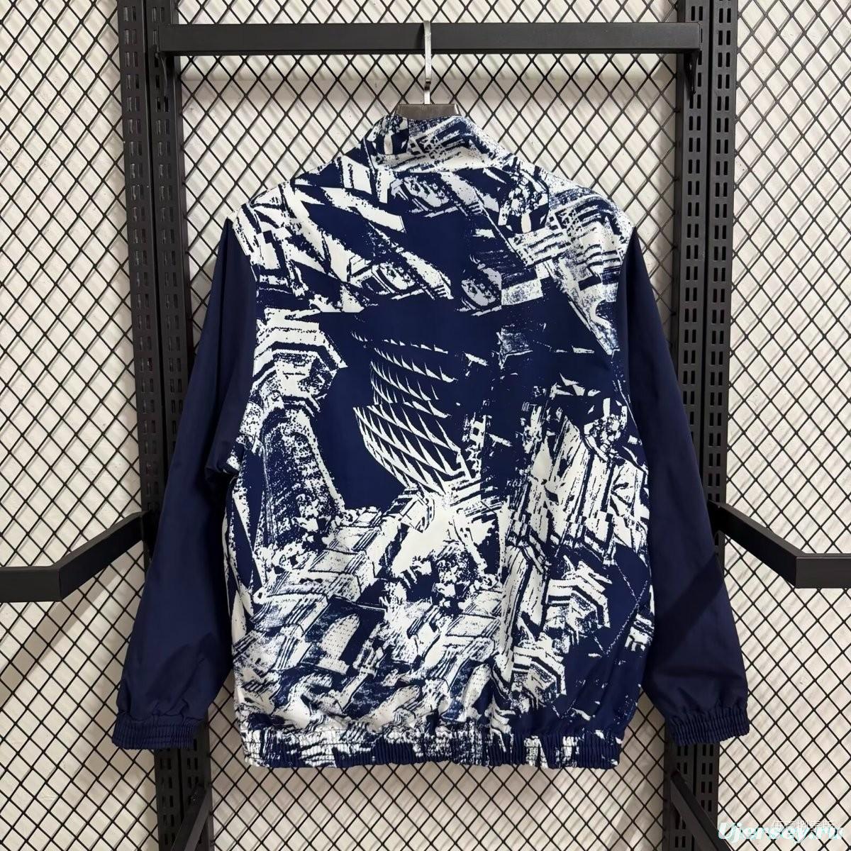 25/26 Bayern Munich Navy Blue with White Abstract Graffiti Pattern Full Zipper Windbreaker