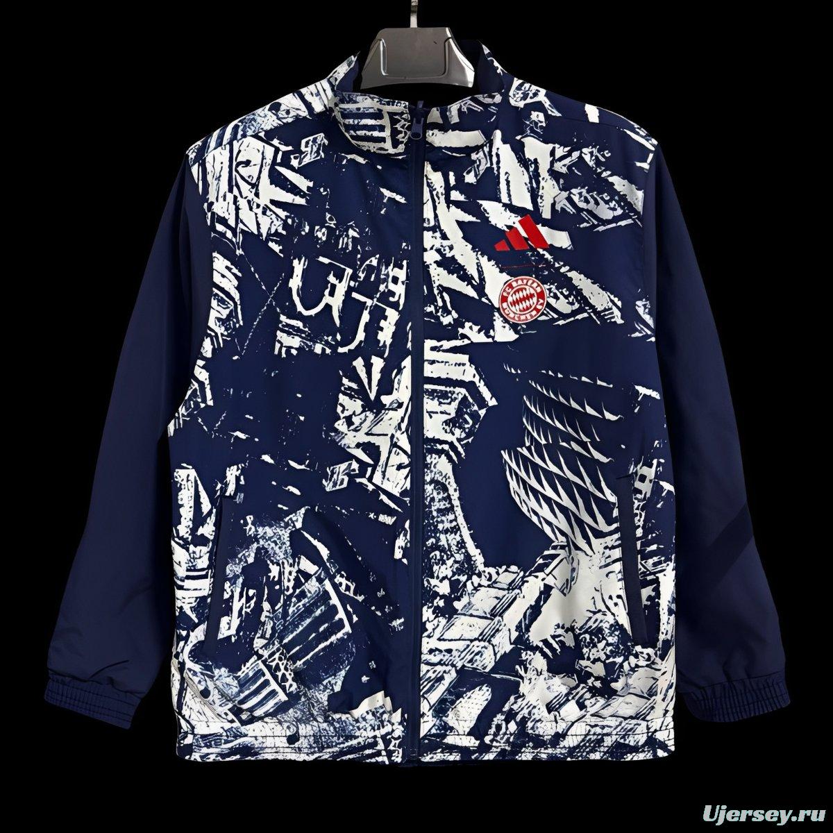 25/26 Bayern Munich Navy Blue with White Abstract Graffiti Pattern Full Zipper Windbreaker