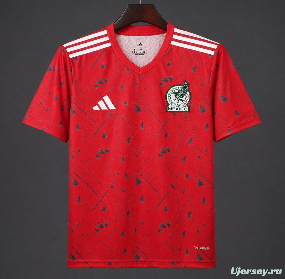 2026 Mexico Red Soccer Jersey with Green Geometric Triangles and Stripe