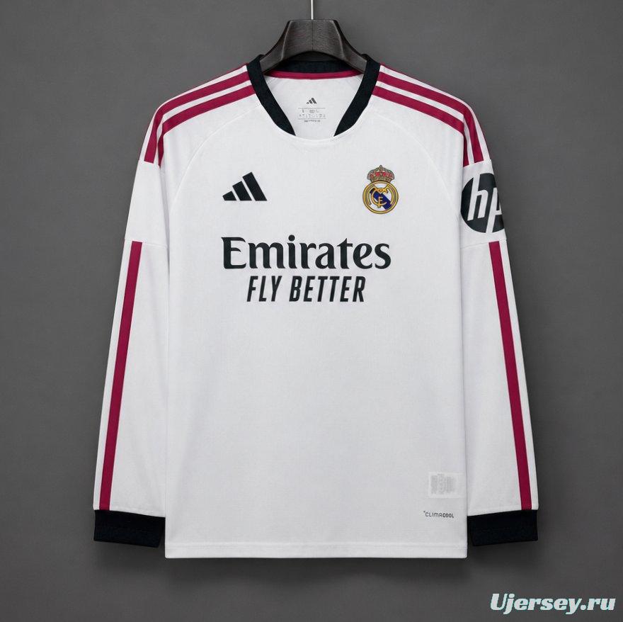 26/27 Real Madrid White with Burgundy Stripes Long Sleeve Home Jersey