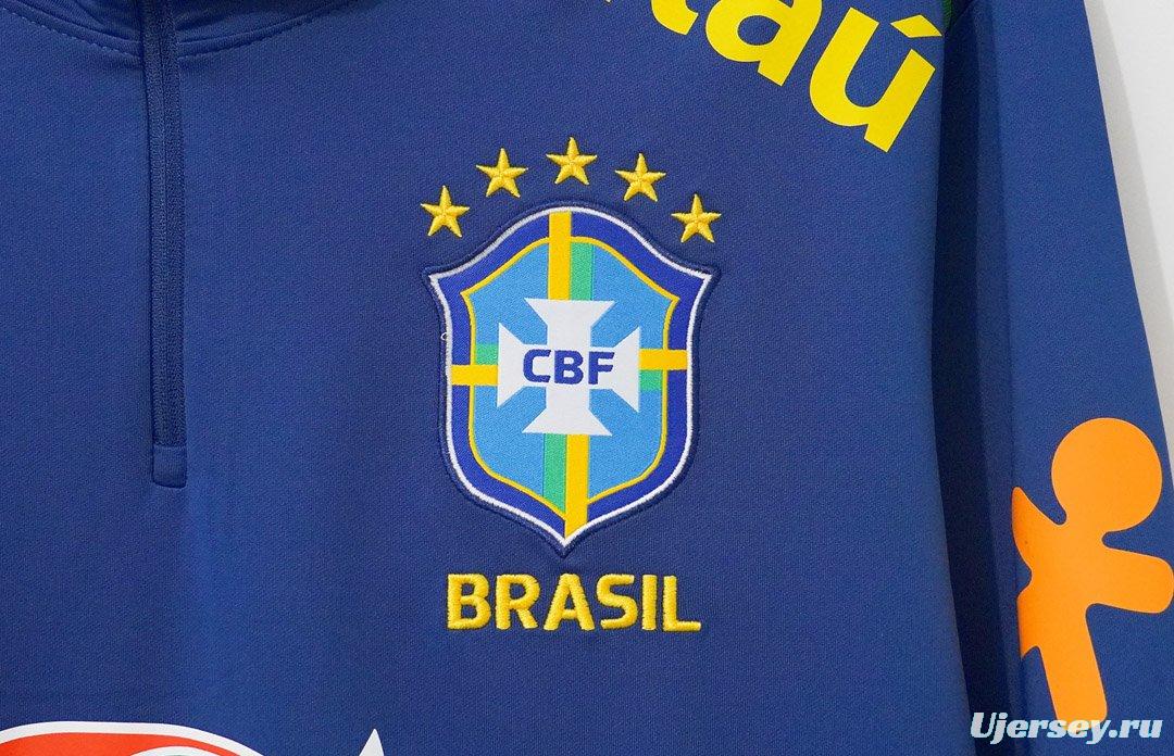 2024 Brazil Navy Blue with Lime Green Long Sleeve Half-Zip Training Top
